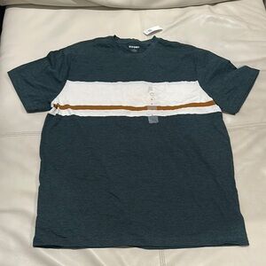 Old Navy Men's Dark Teal Tee with White and Brown Stripes